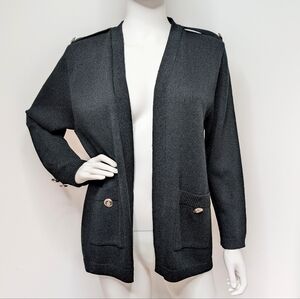 80s Vintage Black Open Style Knit Blazer Jacket Silver Button Details